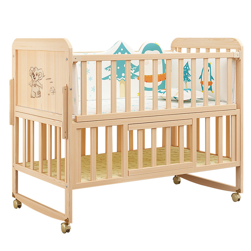 Bebé cuna de madera maciza sin pintura bebé BB cuna multifuncional niños recién nacido cama de costura móvil