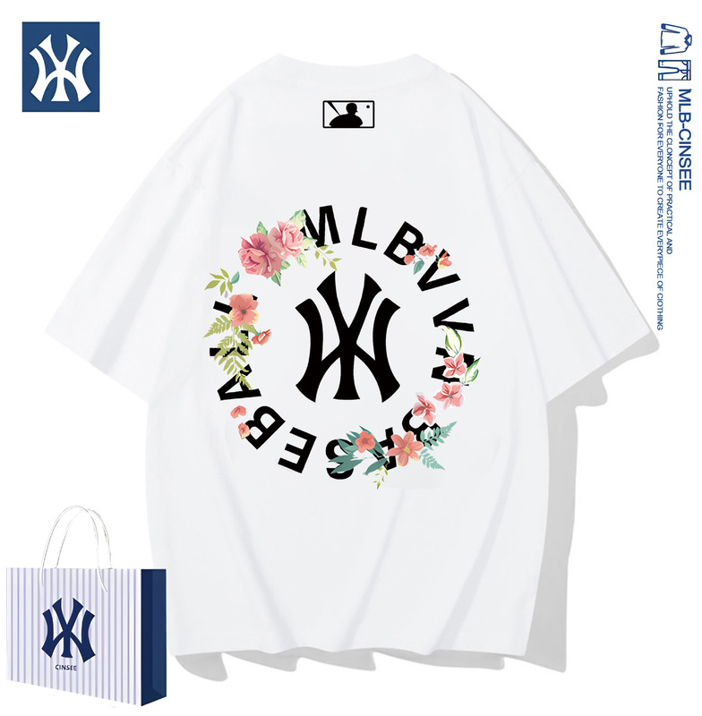 Mlb & ny2025夏の重ポンド純綿カップルのショートファッション百合tシャツ男性潮牌軽豪華半袖上着|undefined
