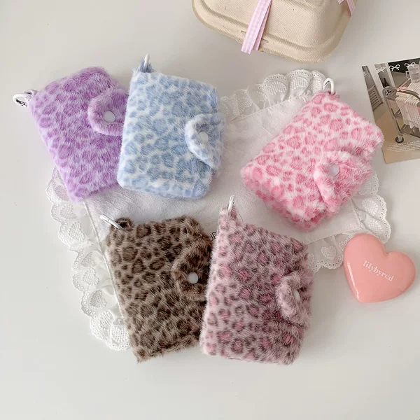 High-End Pink Leopard Print Coin Purse Student Portable Bank Card Storage Bag Versatile Plush Card Holder Headphone Bag
