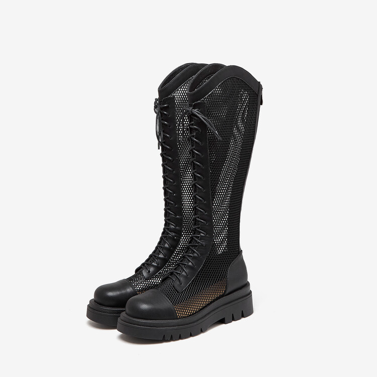 Boot lưới da thật cổ cao đế dày thoáng khí mùa xuân hè phong cách kỵ sĩ buộc dây — Màu nâu ống lớn, Màu đen cổ ống lớn, Ống nhỏ màu đen, Ống nhỏ màu be chi tiết 72