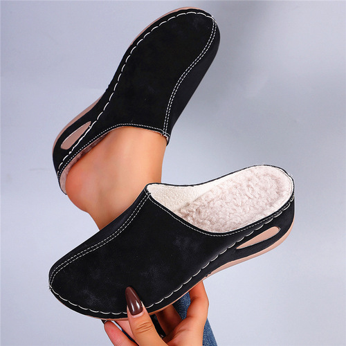 Wedge cotton slippers women's large size autumn and winter new thick sole and velvet foot-on baotou half slippers wish