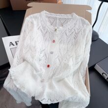 春季拉夏新款钩花镂空针织圆领毛衣排扣针织衫 上衣开衫长袖