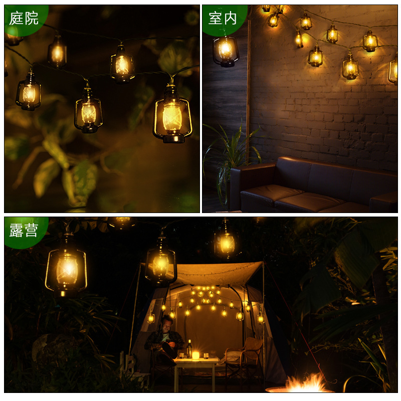 Cross-border LED solar retro kerosene lamp string camping tent light courtyard light outdoor waterproof camping light string