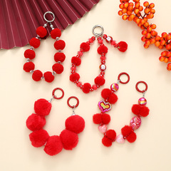 2024 New Chinese Style Red Series Plush Beaded Phone Case with Strap, Handbag Charm, Pendant, Anti-Slip, Women