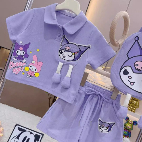 Kurumi Girl's Short Sleeve Set 2025 Summer Children's Polo Neck Mary Jane Shorts Sport Two-Piece Set