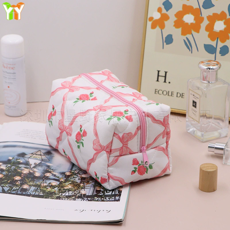 High quality blue cosmetic bag with bow, organizer bag