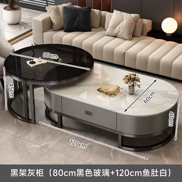 Black rack gray cabinet丨Snow Peak White + Black Glass-120+80cm coffee table combination [upgraded glass crystal]