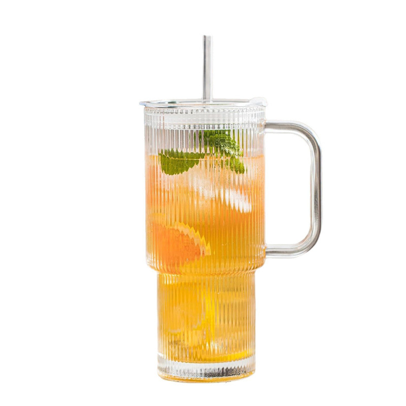 Amazon de gran capacidad con tazas de vidrio a rayas verticales de alto valor, tazas de bebidas heladas, tazas de café con latte, tazas de agua