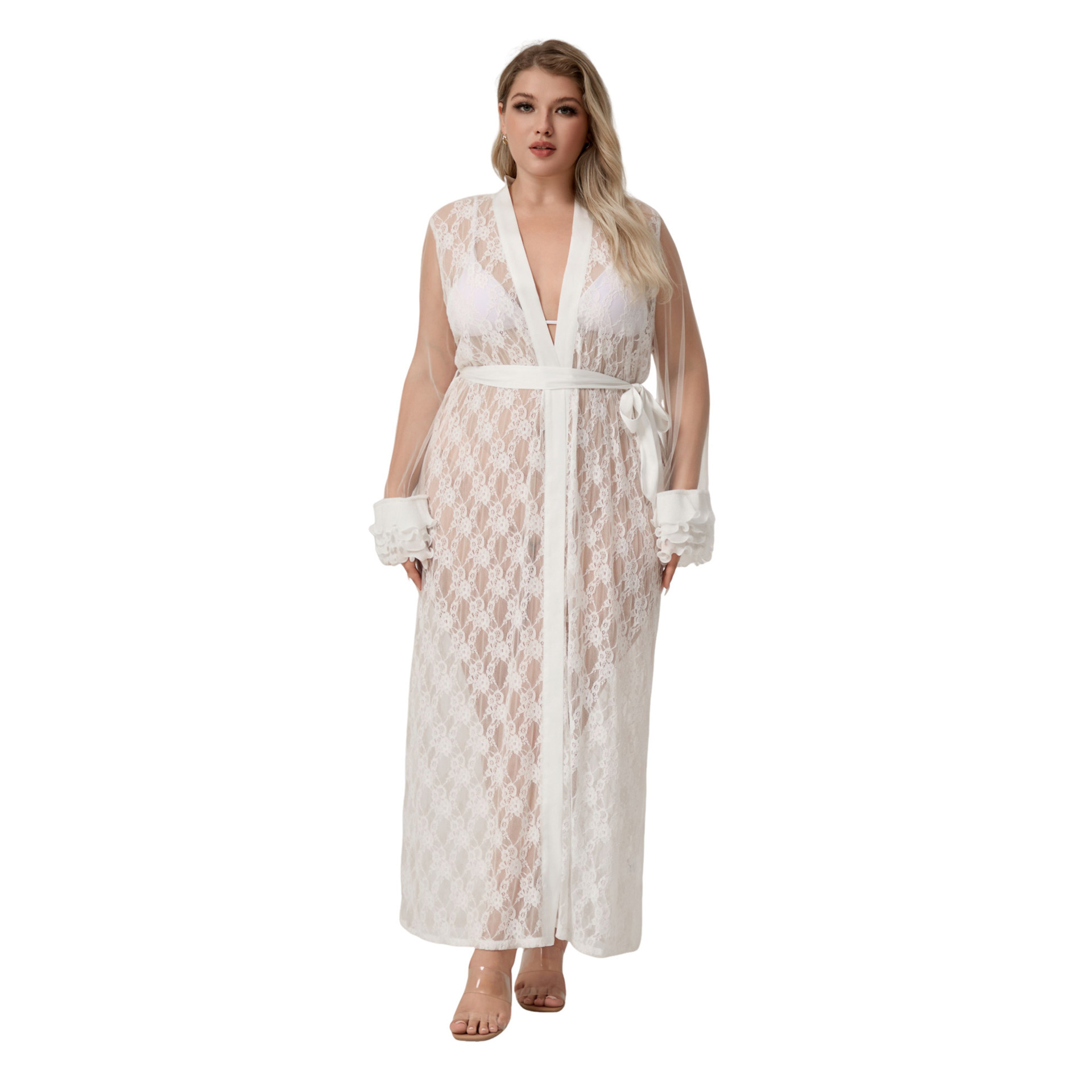 Yaoting seda de hielo de tamaño grande para damas pijamas largos de encaje sueltos ropa de baño larga ropa de hogar WP5014