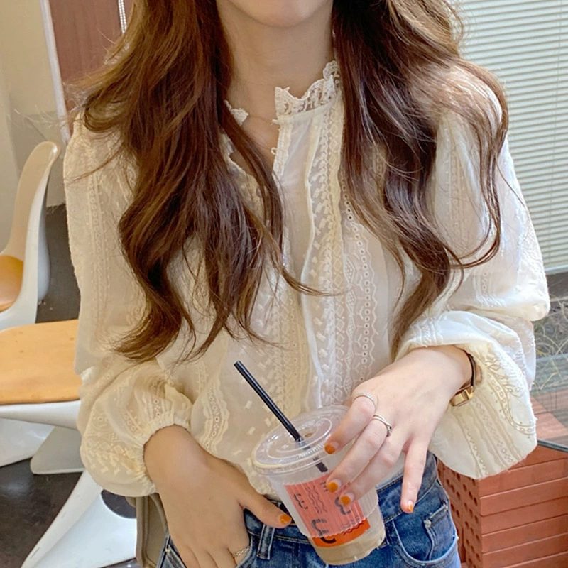 Французская рубашка Ранняя осень модная красивая кружевная рубашка с длинным рукавом