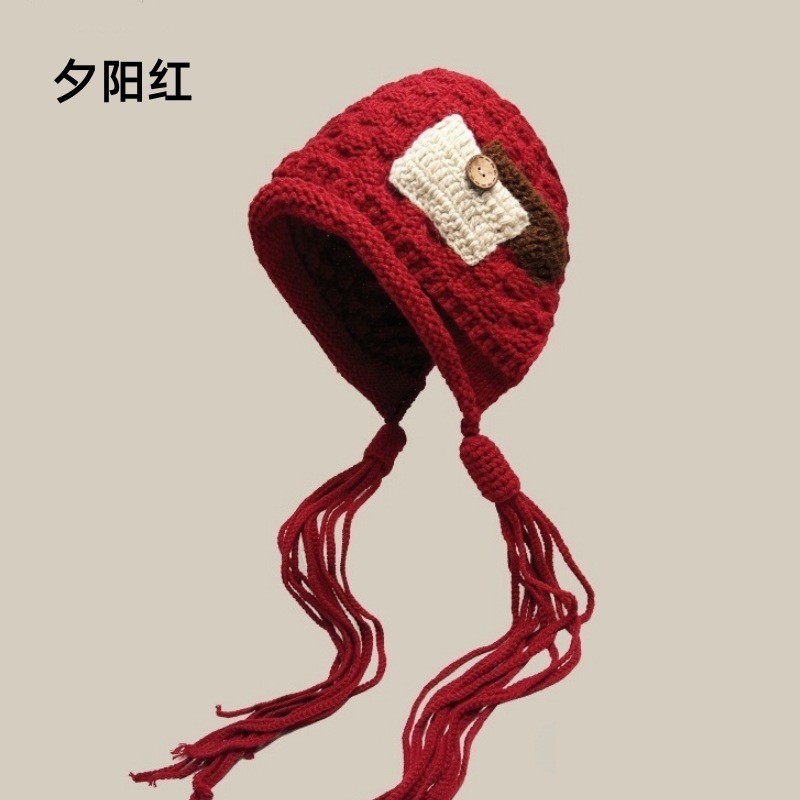 秋冬帽子女民族风复古红色包头帽显脸小时尚保暖针织帽流苏毛线帽|undefined