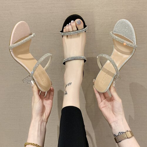 High-heeled sandals for women  summer new style rhinestone outer wear fashionable European and American large size one-strap women's shoes