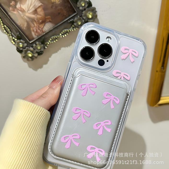 Korean Style Ins Bow Suitable for Iphone17 Magnetic Card Holder Magsafe Back Sticker Pu Leather Mobile Phone Case Card Holder