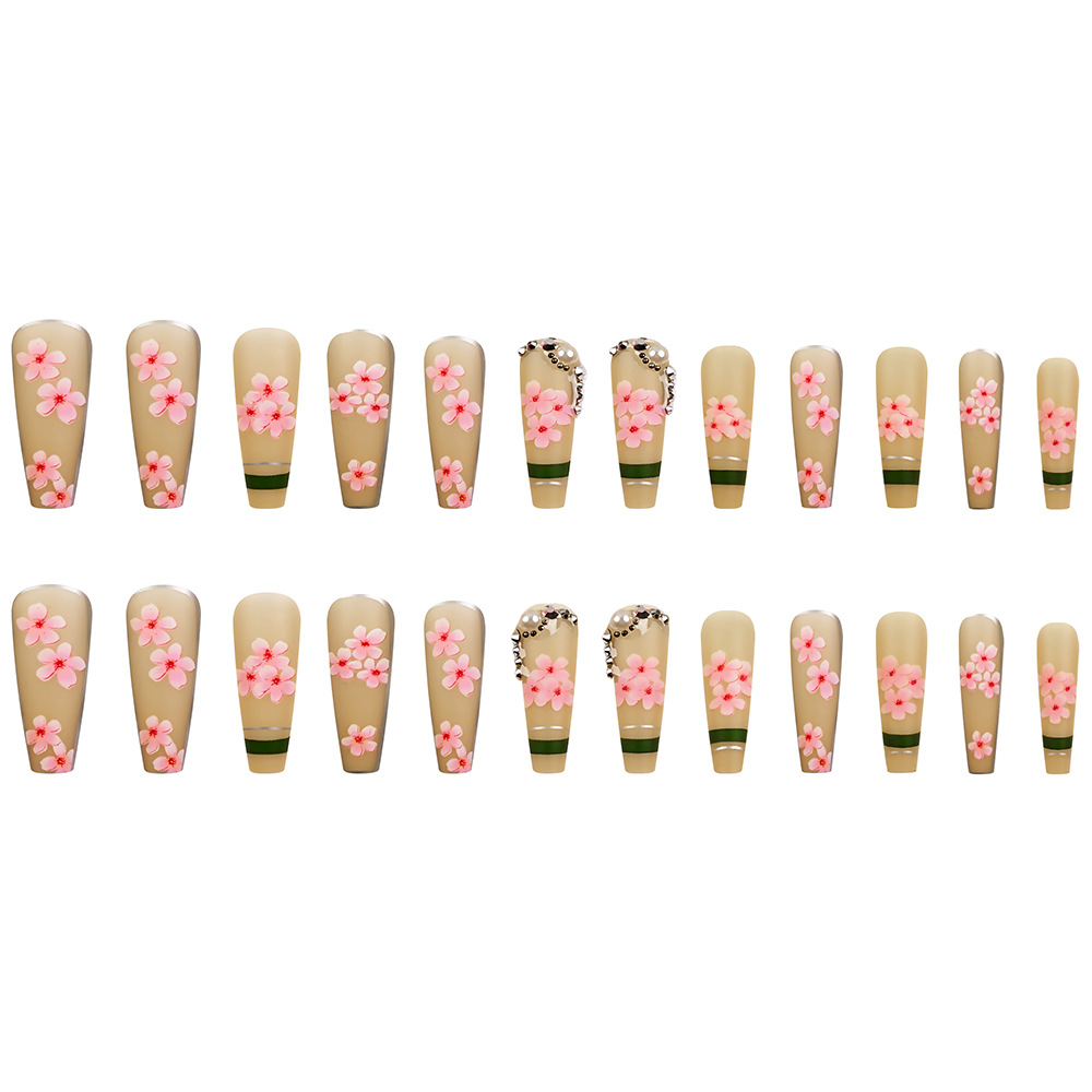 Primavera y verano flores de cerezo tridimensionales cadena de perforación de uñas comercio exterior mate blanqueamiento de uñas 24 piezas parches de uñas al por mayor image 6