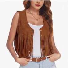 亚马逊欧美跨境款女士短款流苏马甲春季新款休闲舒适复古设计纽扣