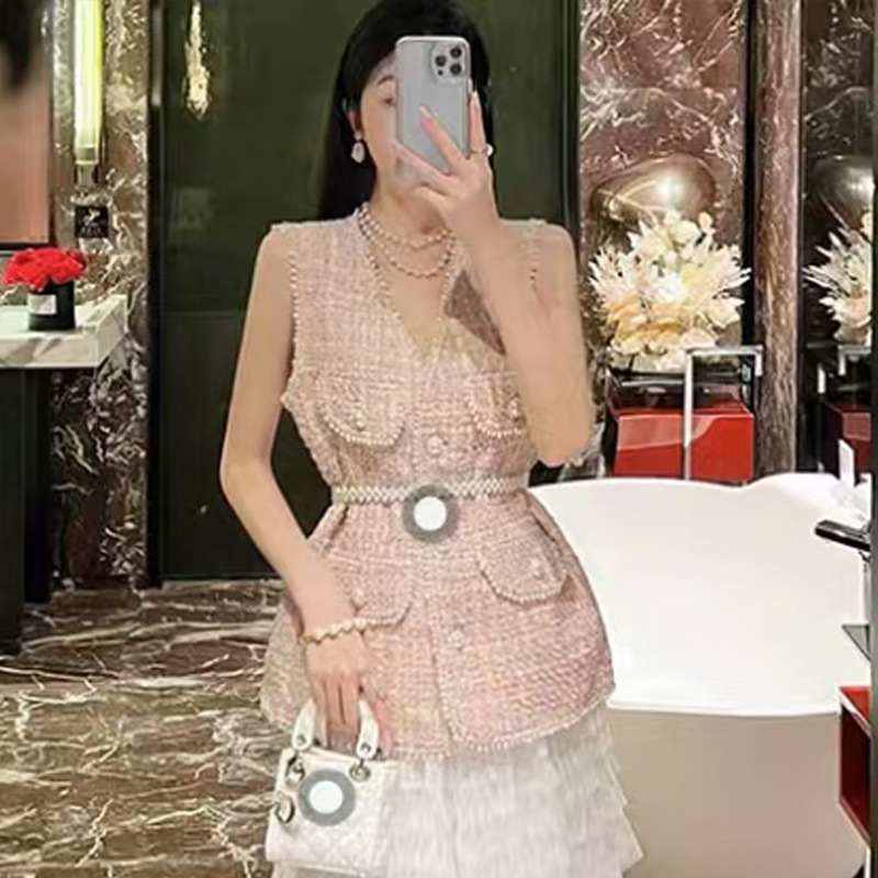 2024 New Style Celebrity Style French Pearl Tweed Sleeveless Women's Fashion Vest Elegant New