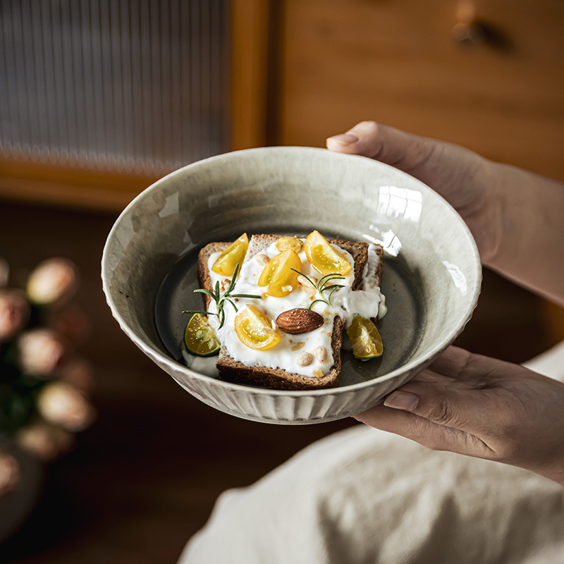 Japón estilo retro cerámica vajilla de alta sensación horno verdura tazón en relieve vertical casero ensalada de frutas tazón de postre tazón