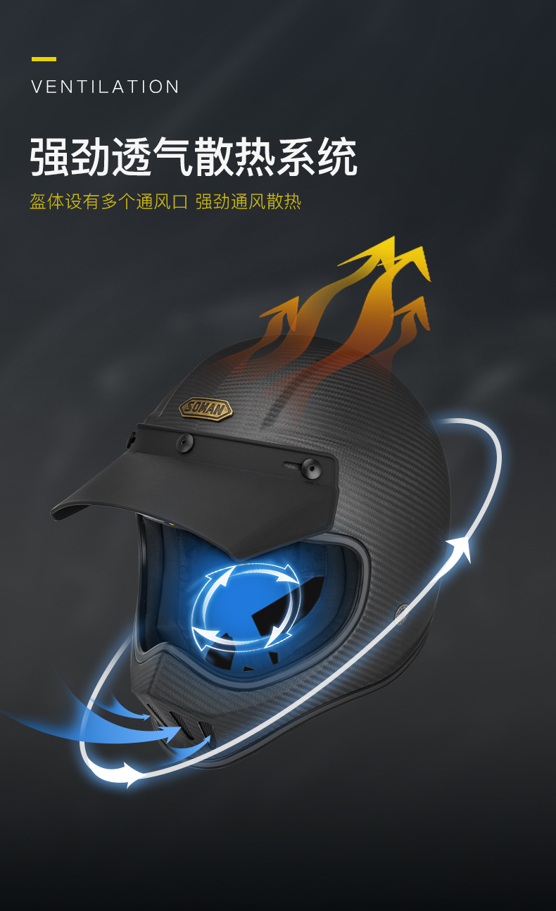 Soman Motorcycle Carbon Fiber Fiberglass Retro Off-Road Helmet Personalized Full-Face Helmet M7 Cycling Helmet for Men and Women Dot