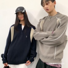 咆哮野兽 撞色拼接保暖针织衫情侣毛衣外套男灰色藏蓝色品牌