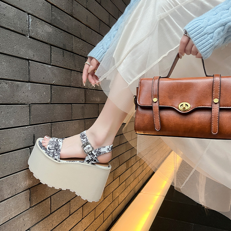 Sandal cao gót nữ phong cách Trung Hoa đế xuồng hở mũi quai ngang — Đen 11cm, Trắng 11cm, Trắng 9cm, Đen 9cm
