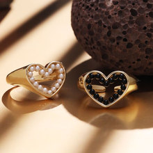 欧美跨境爆款情人节爱心戒指女 铜镀18K金仿珍珠心形开口指环批发