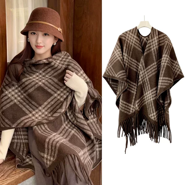 Retro Versatile Plaid Shawl for Women in Autumn and Winter Maillard Tassel Scarf Cape Warm and High-End Outer Cape