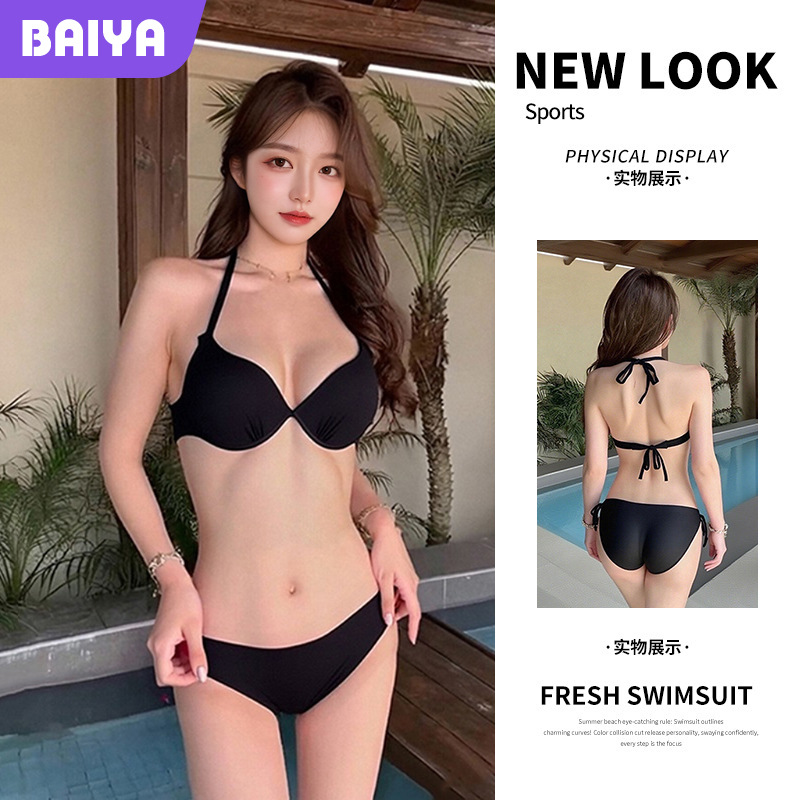 Traje de baño bikini dividido de dos piezas para mujer, color sólido con soporte de acero, pecho grande y pequeño, traje de baño de vacaciones de chicas calientes de tres puntos