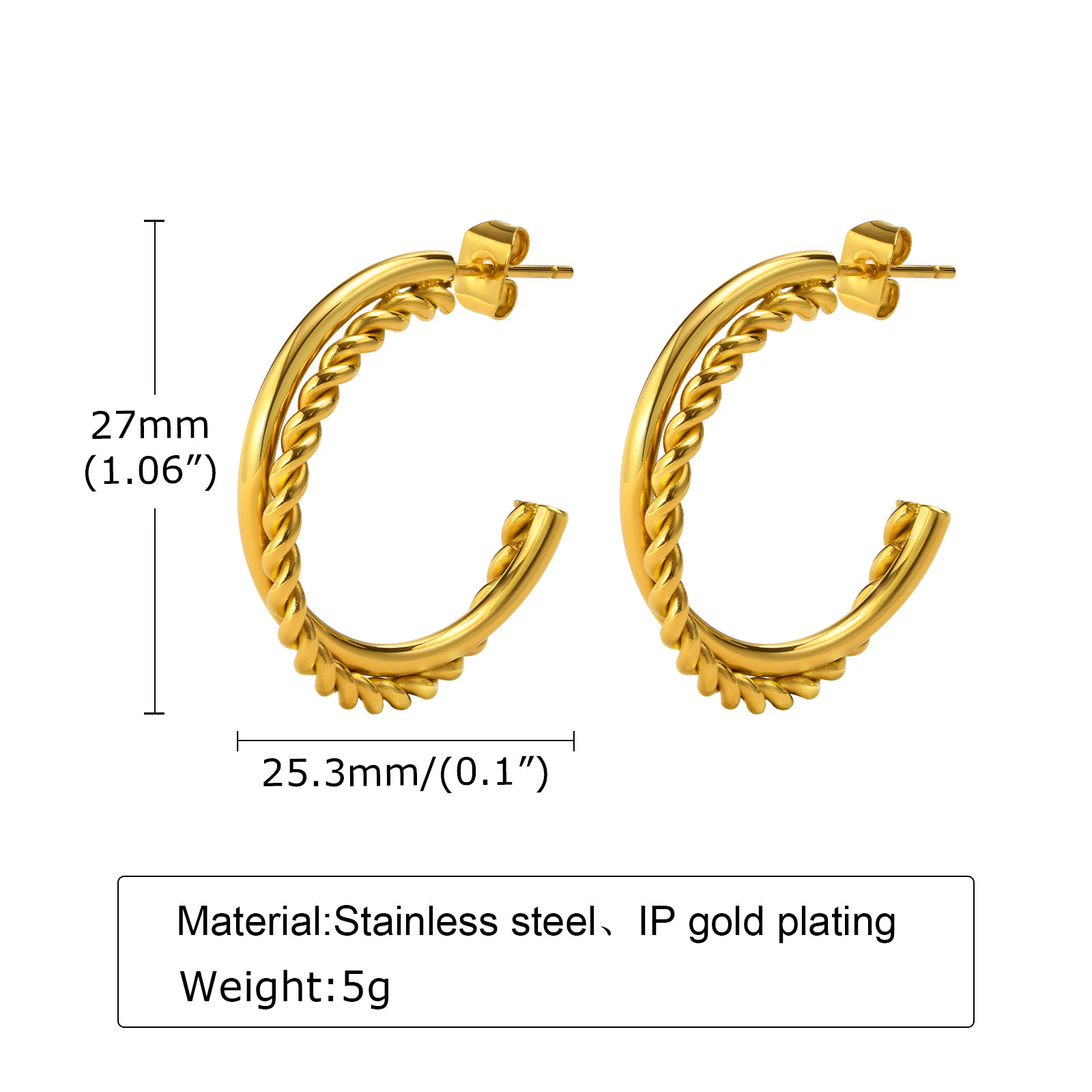Simple Style C Shape Twist Stainless Steel Plating Ear Studs 1 Pair