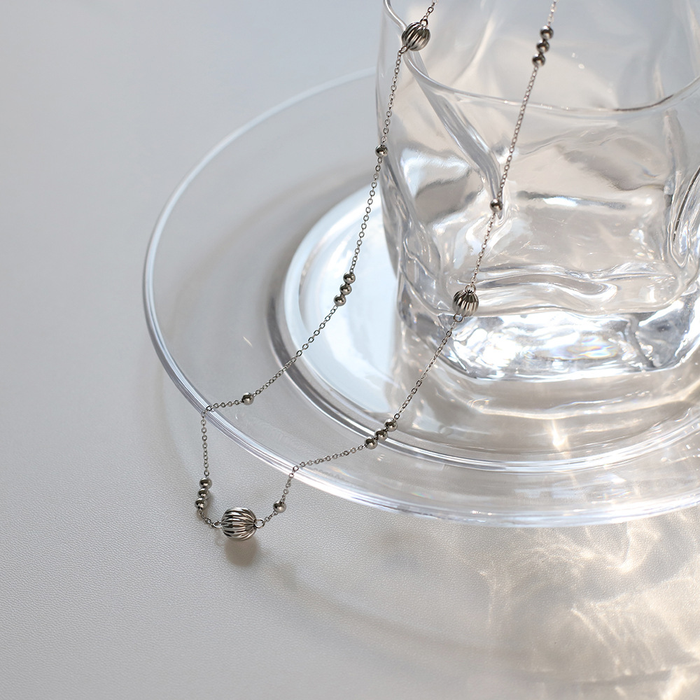 Steel Color Lantern Ball Beaded Stainless Steel Necklace