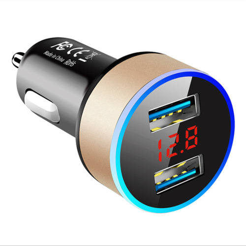 New car charger car charger 2.4A+QC3.0 digital display fast charging metal dual usb round car charger