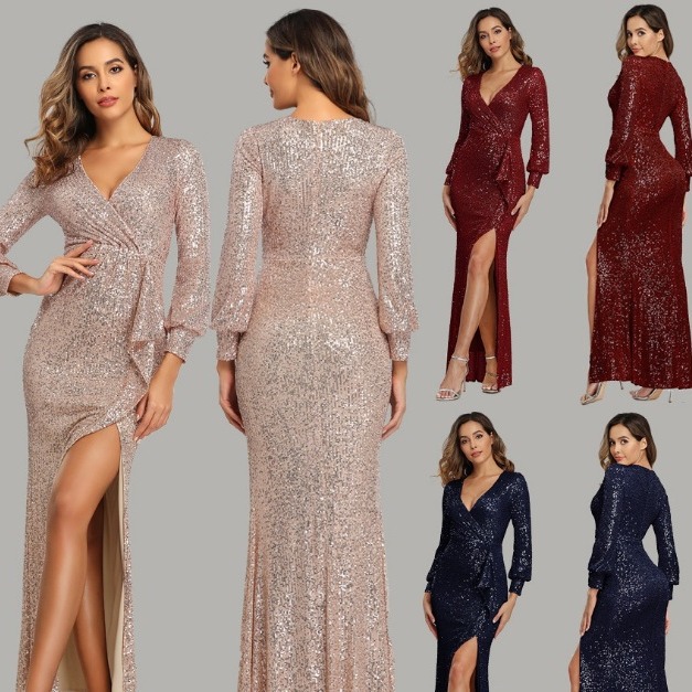 023跨境名媛聚会派对品质长款性感高开叉长袖亮片宴会晚礼服女INS