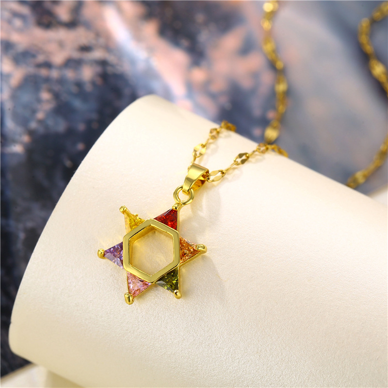 Wholesale Jewelry Six Pointed Star Colorful Zircon Titanium Steel Necklace Nihaojewelry display picture 2