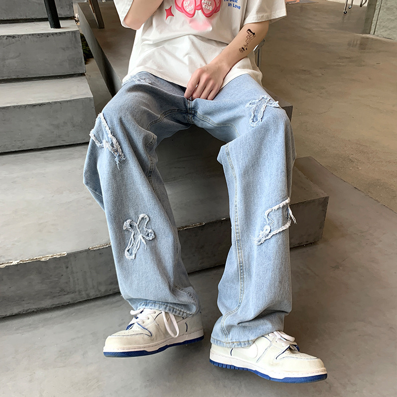 Cross Embroidered Jeans Men's Straight Loose Trendy Brand Casual Vintage bf Niche Cropped Pants Summer Thin Cross Embroidered Jeans Men's Straight Loose Trendy Brand Casual Vintage bf Niche Cropped Pants Summer Thin