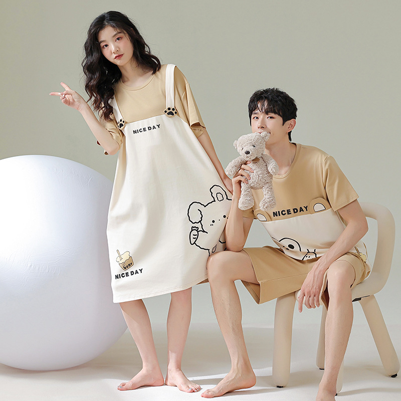Pareja de pijamas de verano de algodón de manga corta de Internet celebridad oso lindo de dibujos animados nuevo camisón ropa de casa de las mujeres traje de verano