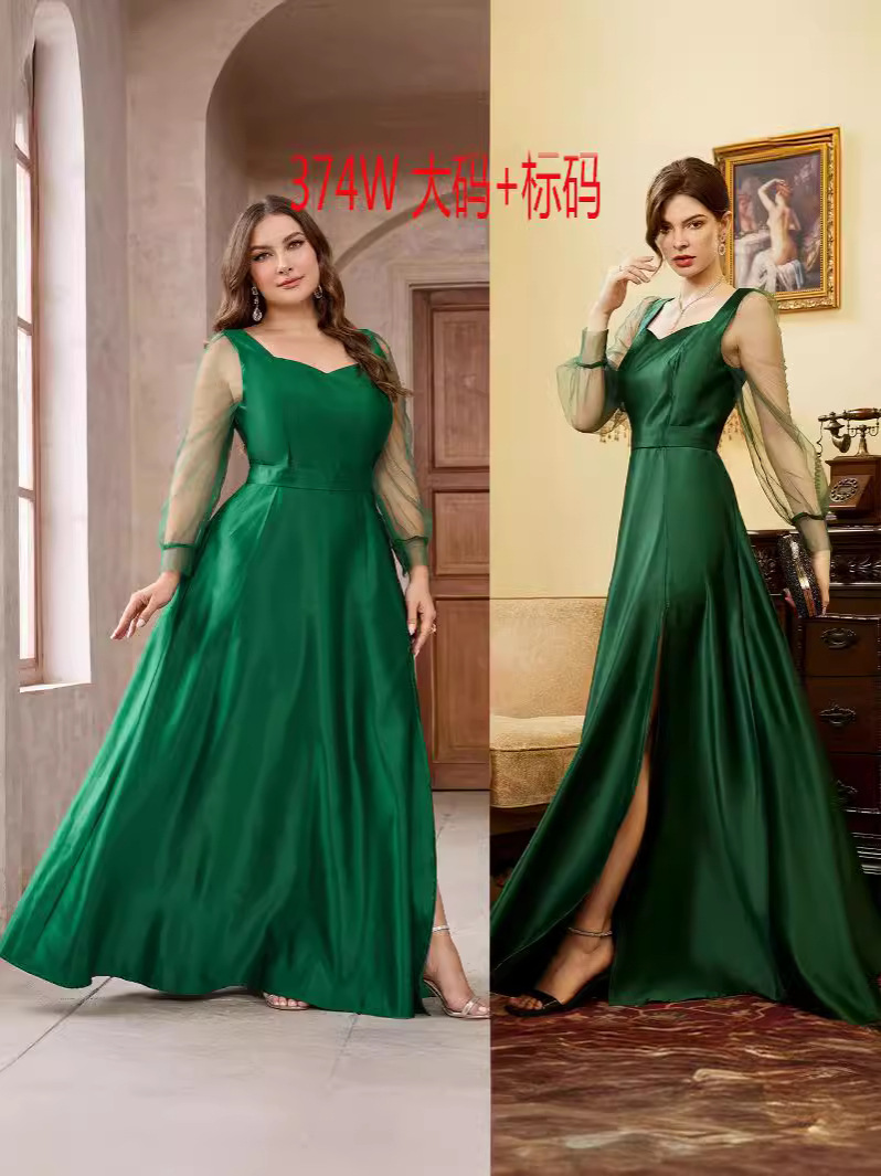 Vestido de talla grande, vestido largo de talla estándar, vestido de satén de manga larga con cuello cuadrado para fiestas y bodas, nuevo estilo de otoño e invierno.