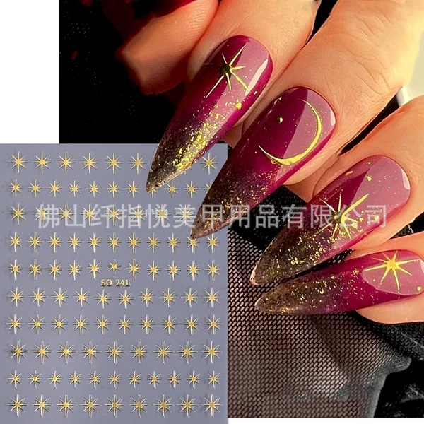 Cross-Border Hot Style Nail Art Stickers Wholesale Ins Black and White Gold and Silver Y2K Small Sun Adhesive Nail Decal Decorations