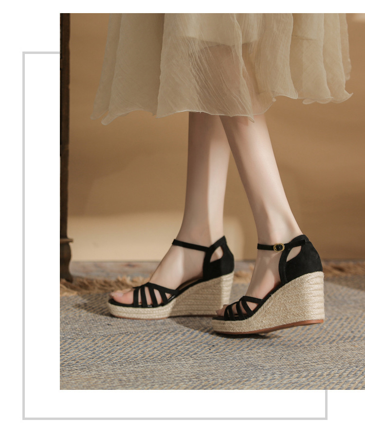 Sandal cao gót nữ hở mũi đế xuồng bọc dây thừng gót 9 cm — màu đen chi tiết 17