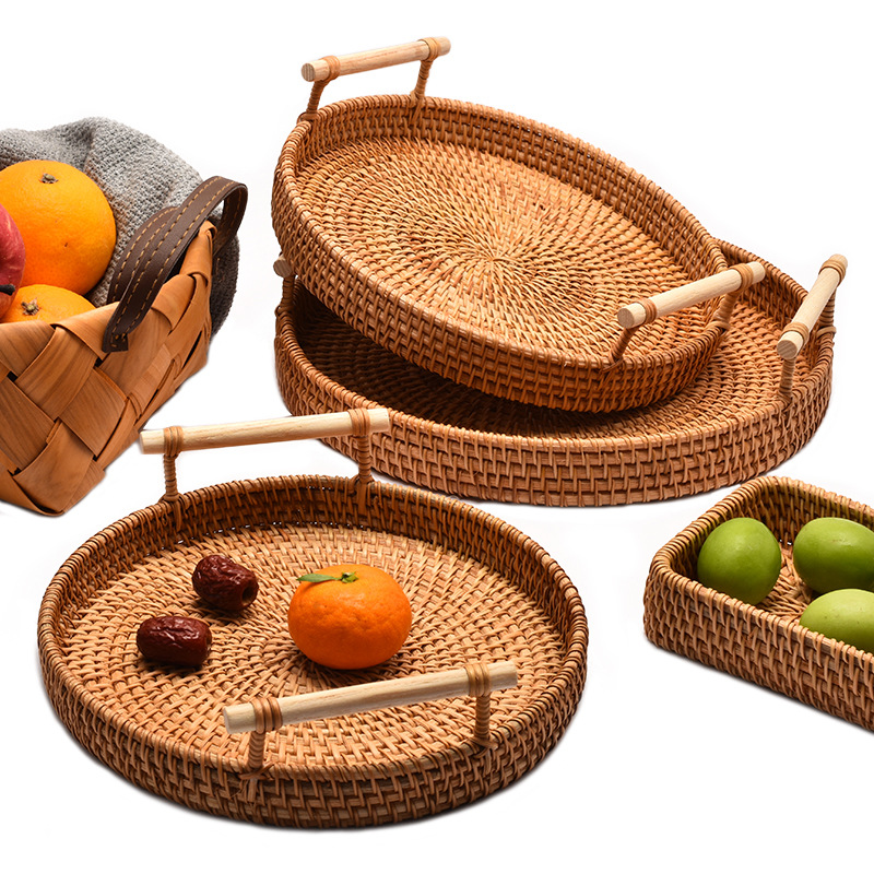Rattan fruit plate, Vietnamese autumn rattan woven fruit basket, living room nut plate, restaurant round bread food storage box