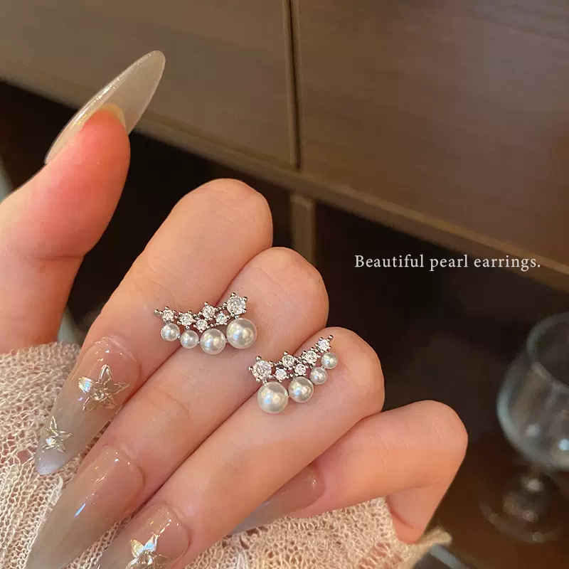超闪小众锆石羽翼镶钻珍珠耳钉女轻奢小众设计独特气质高级感耳饰
