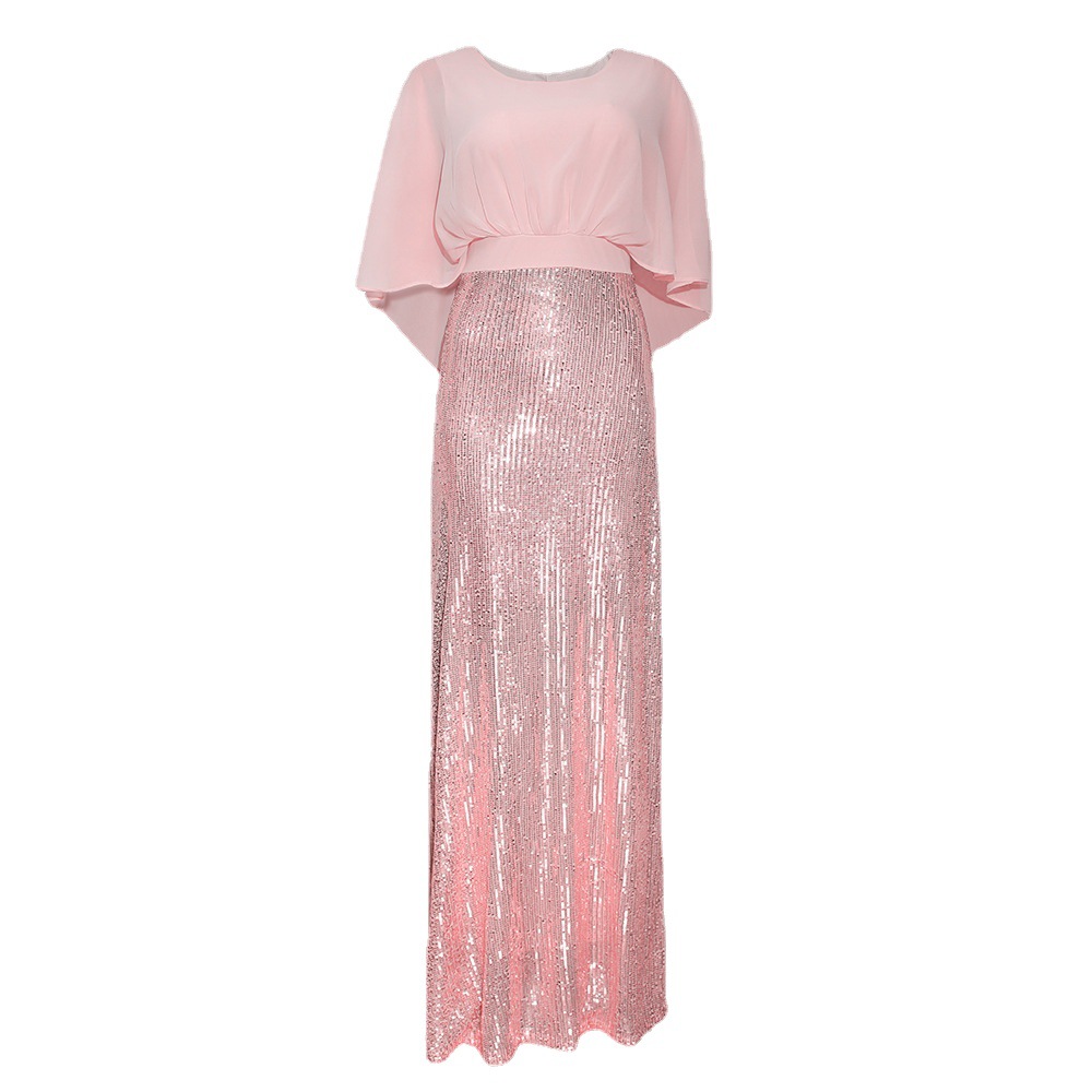 Damenbekleidung Pailletten Spleißen Chiffon Fledermausärmel Abendkleid_voghion.com