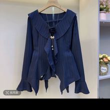 2025女法式荷叶长袖衬衫新款秋季遮肉气质显瘦藏蓝色粉色黑色白色
