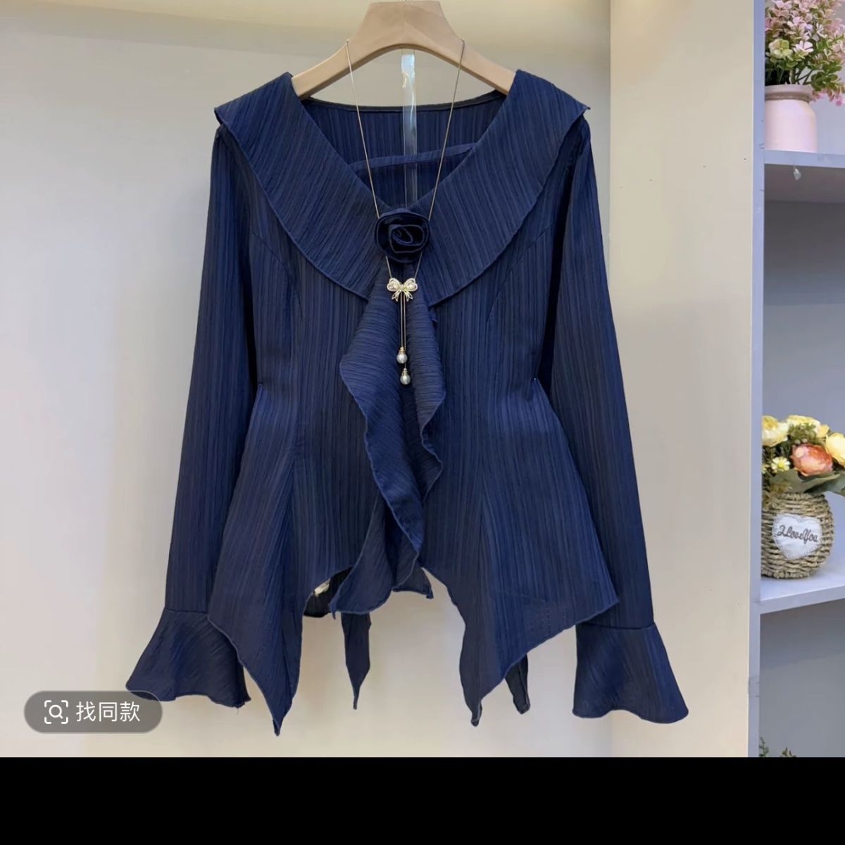 2025女法式荷叶长袖衬衫新款秋季遮肉气质显瘦藏蓝色粉色黑色白色