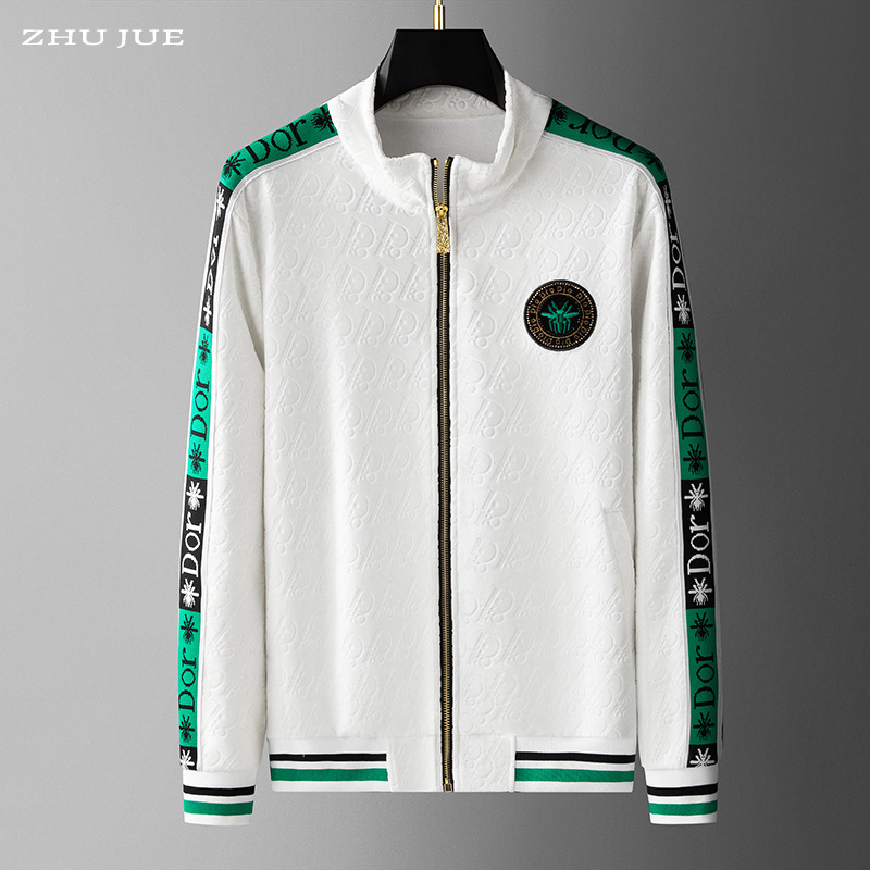 European Station Men's Autumn and Winter New Cardigan Sweatshirt Young Men's Handsome Embossed Velvet Jacket Personalized Badge Top