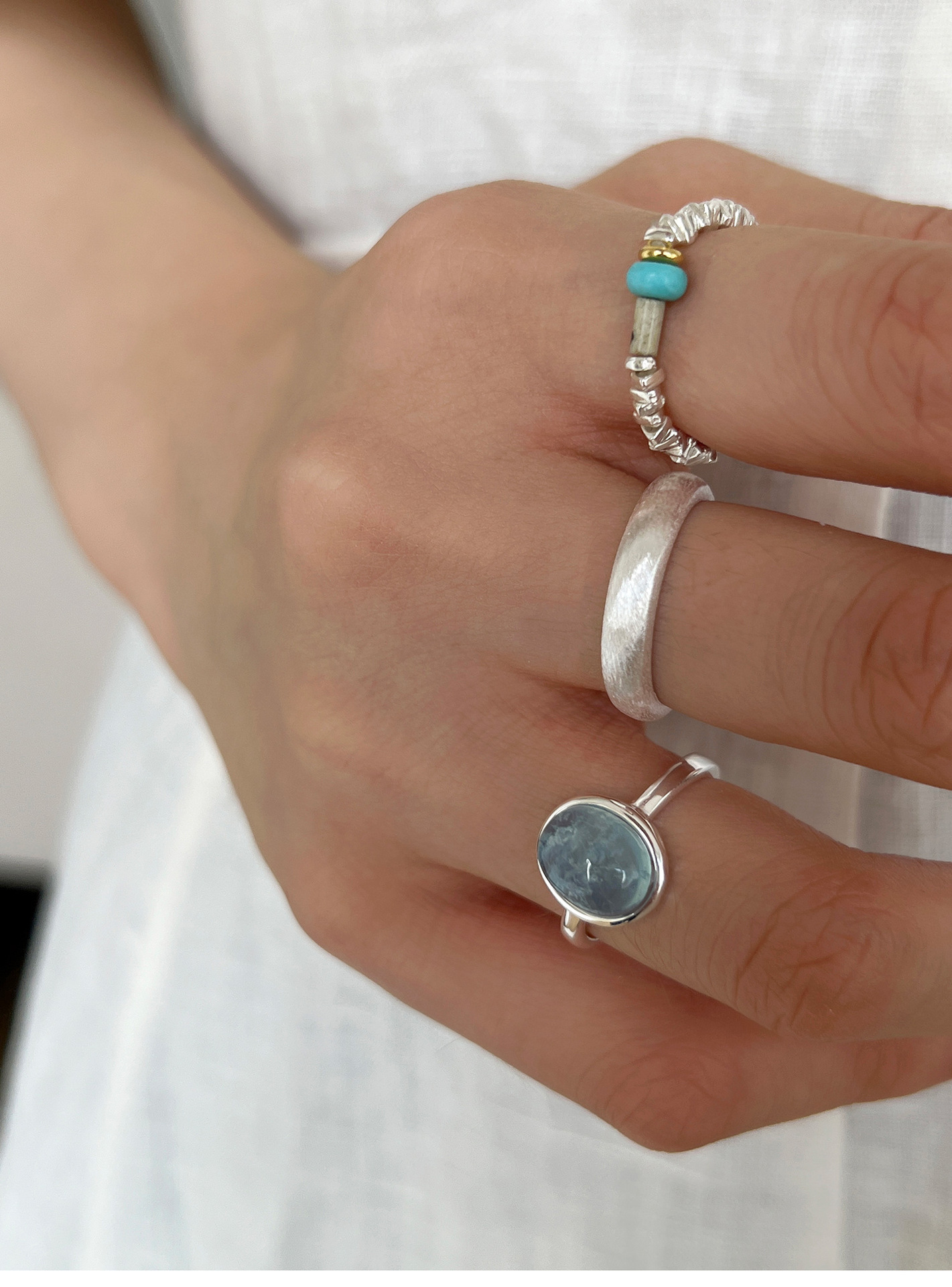 Aquamarine Gemstone And Brushed Silver Ring Set For Women_voghion.com
