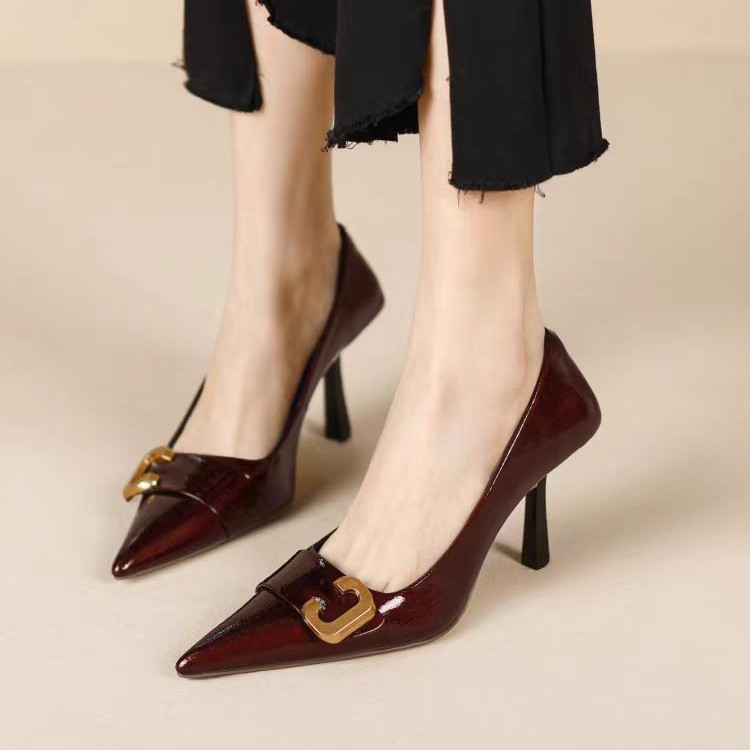 Burgundy Elegant High-Heeled Shoes for Women, 2026 Spring and Autumn New French-Style Niche Shallow Pointed-Toe Stiletto Pumps
