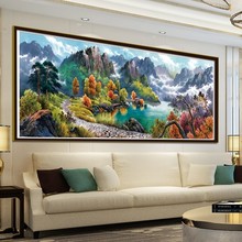 跨境代发装饰画流水生财聚宝盆十字绣手工刺绣印花客厅挂画风景画