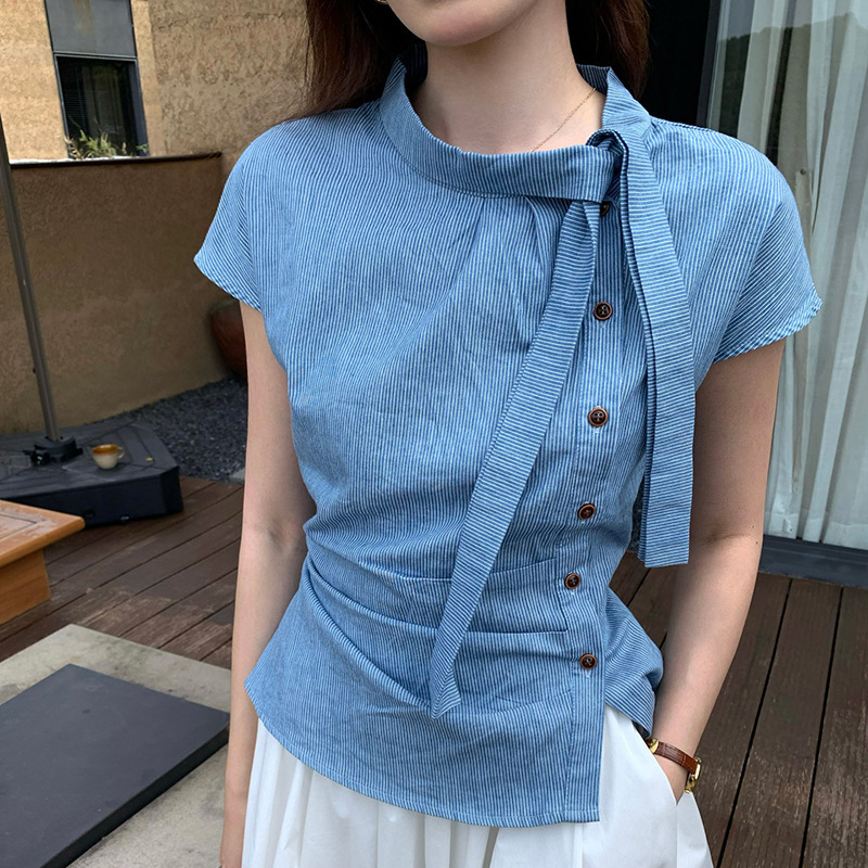 Wenra Blue Striped Collared Shirt for Women, Summer Design Shirt, Versatile Top for Work and Casual Wear Wenra Blue Striped Collared Shirt for Women, Summer Design Shirt, Versatile Top for Work and Casual Wear