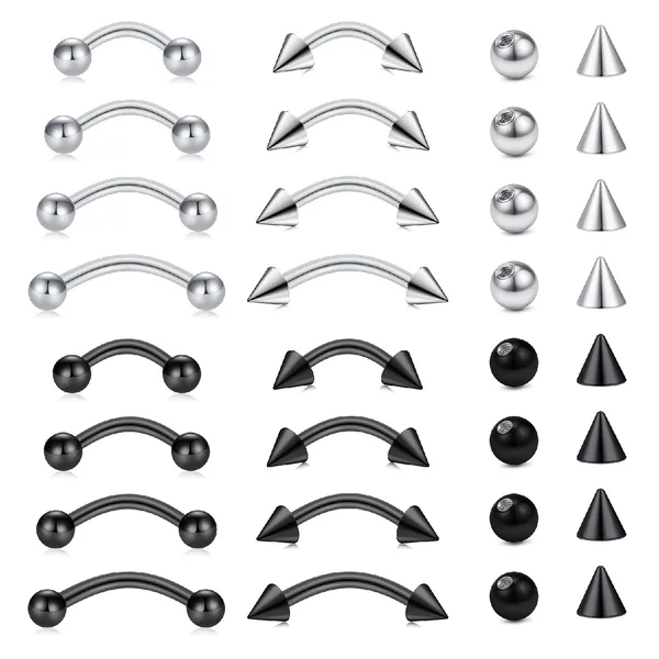 16 Stainless Steel Eyebrow Studs + 16 Accessory Balls and Pointed Cones Combination Set