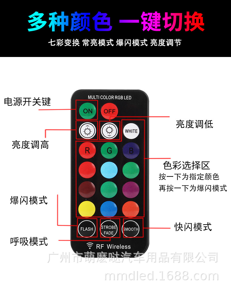 RSTOBT10 Small Light Colorful RGB Remote Control Wireless Flash Car 12v T10