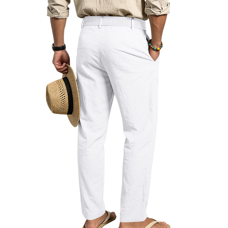 Men's Solid Color Linen Pants Simple Loose Fit High End Straight Leg Casual Midweight Polyester Long Trousers_viptrois.com